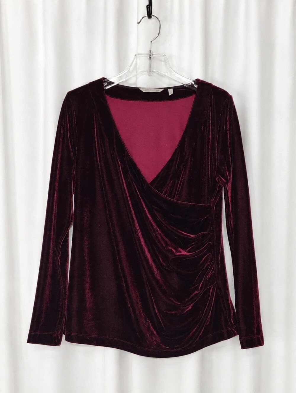 Soft Surroundings Alyssa Burgundy Velvet Faux Wrap Ruched V-Neck Stretch Blouse